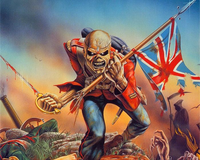 Eddie, Iron Maiden’s mascot, charging with a Union Jack as The Trooper